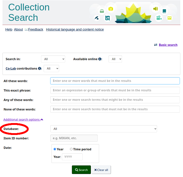 The Advanced search form for Collection Search at the Library and Archives Canada website.