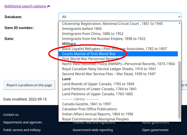 The database drop-down list, for narrowing the results of your search to First World War Court Martial Records.