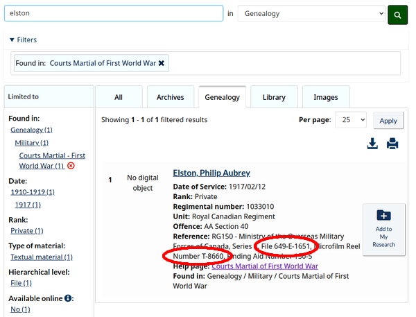An example of the result returned when searching on a soldier's surname (Elston).