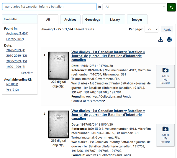 LAC Collection Search results for war diaries 1st canadian infantry battalion.