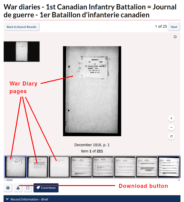 Library and Archives Canada document viewer, 1st Canadian Infantry Battalion War Diary (1916/12/31-1917/04/30).