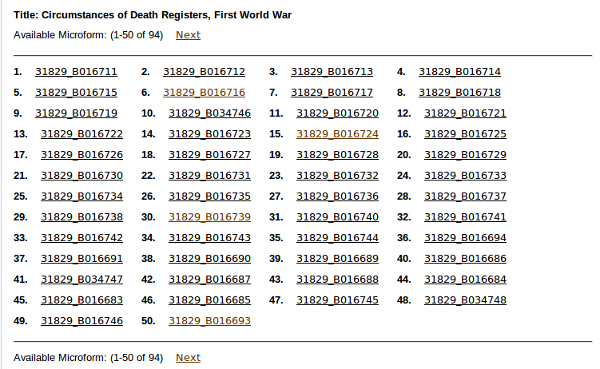 Circumstances of Death Registers, First World War.