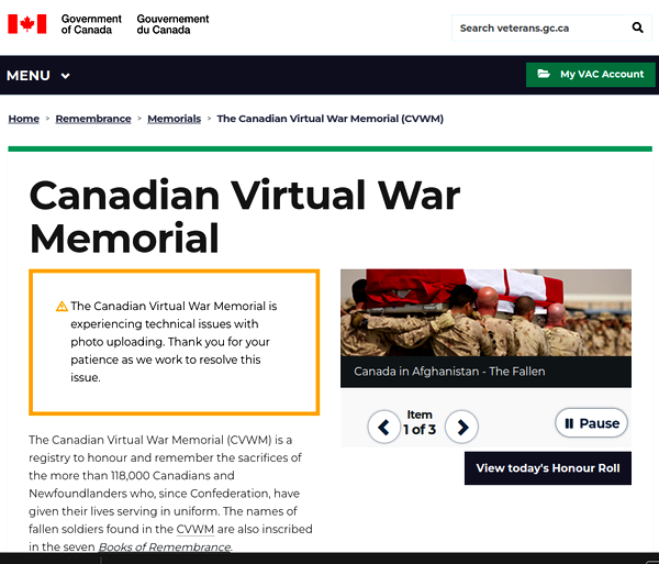 Home page for the Canadian Virtual War Memorial.