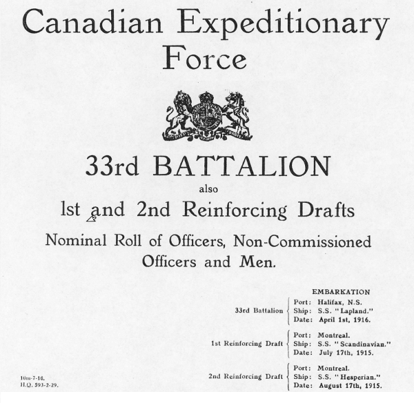 The cover of the Embarkation Roll for the 33rd Canadian Infantry Battalion.