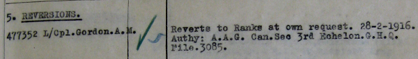 An excerpt from the Daily Orders (Part II) of The Royal Canadian Regiment, dated 21 March 1916, showing the reversion in rank of 477352 Lance Corporal A.M. Gordan at his own request.
