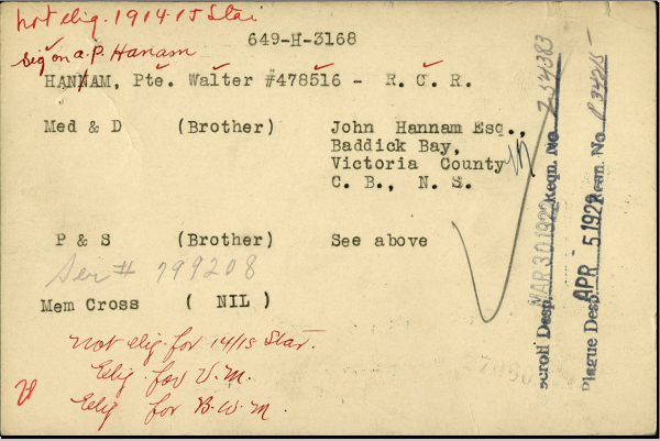 The medal card in the service record of 478516 Private Walter Hanam.