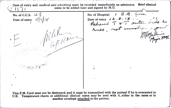 Sample of a Field Medical Card from the CEF service record of 2334356 Private Robert William Bringloe.