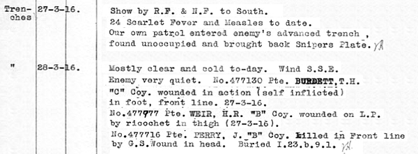 An excerpt from The War Diary of the Royal Canadian Regiment, showing the entries for 27 and 28 March 1916. The entry on 28 Mar notes the self-inflicted wound of 477130 Private T.H. Burdett.