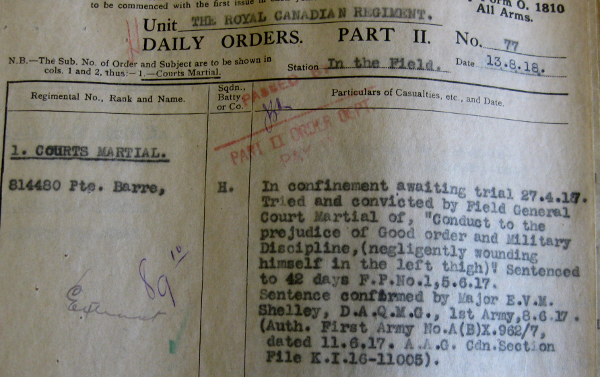 An excerpt from the Part II Daily Orders of The Royal Canadian Regiment, showing the entPart 14: The Wounded and Sickry for the Court Martial of 814480 Private H. Barre for a self-inflicted wound.