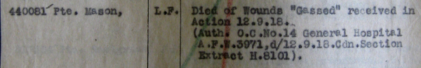 An excerpt from the Part II Daily Orders of The Royal Canadian Regiment, showing the recording of the death of 440081 Private L.F. Mason at No. 14 General Hospital.