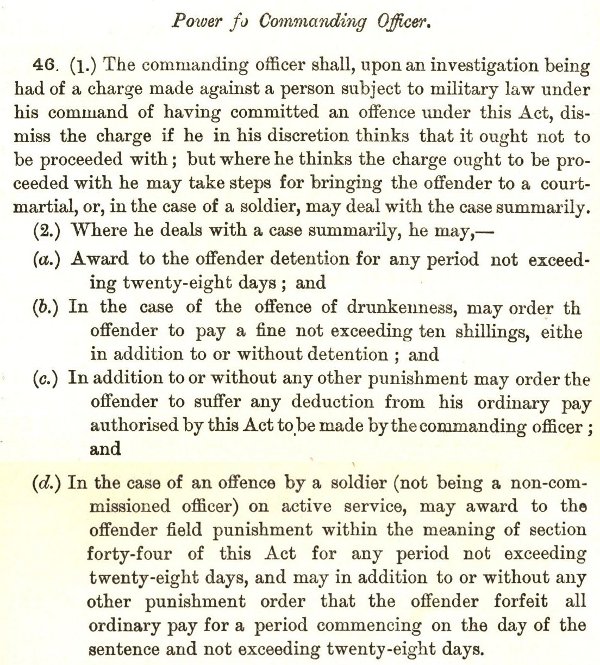 Scale of Punishments by Commanding Officers, as published in the Army Act 1913, excerpted from the Manual of Military Law, War Office publication, 1914.