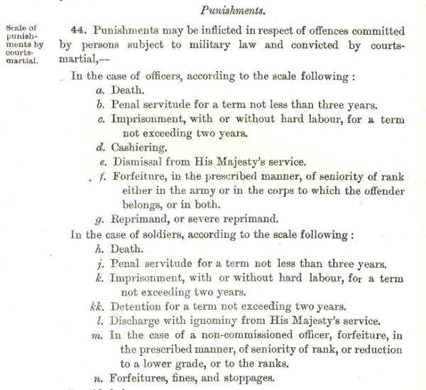 Scale of Punishments by Courts Martial, as published in the Army Act 1913, excerpted from the Manual of Military Law, War Office publication, 1914.
