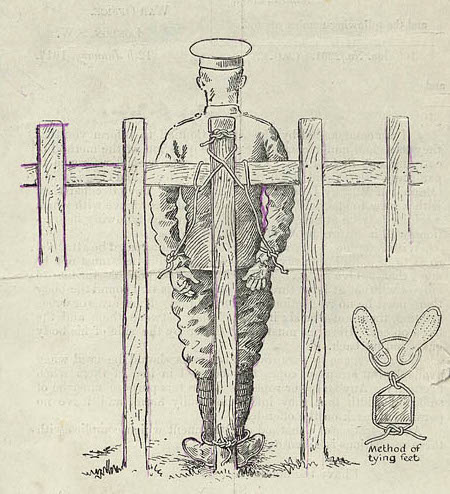 A contemporary diagram showing one possible manner of securing a soldier to a fixed object for the administration of Field Punishment No. 1.