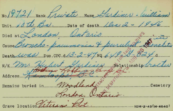 The Veterans Death Card for 19721 Private William Gardiner, who served in France and Flanders with the 10th canadian Infantry Battalion.