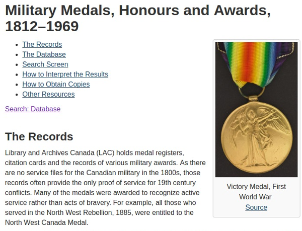 The introduction page for the  form for the Library and Archives Canada database of Medals, Honours and Awards.
