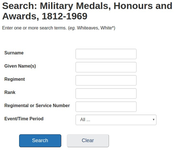 The search form page for the  form for the Library and Archives Canada database of Medals, Honours and Awards.
