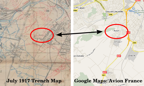 The general area of Ontario Trench shown on the July 1917 1:20,000 trench map and the current Google Maps view.