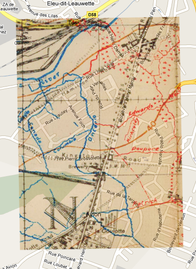 The Ontario Trench area of the July 1917 Trench Map, overlayed on the current Google maps image of the corresponding area.