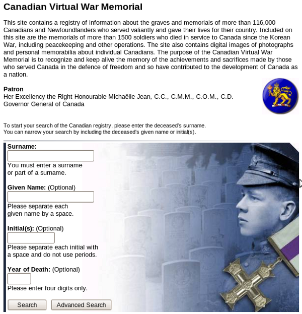 Introduction and search form for the Canadian Virtual War Memorial.