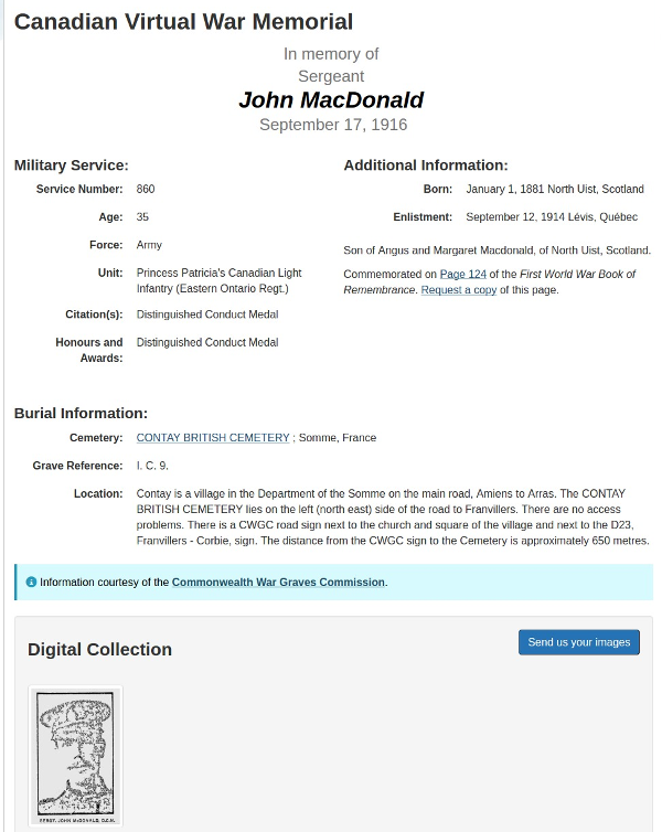 Canadian Virtual War Memorial record for Sergeant John MacDonald, DCM.