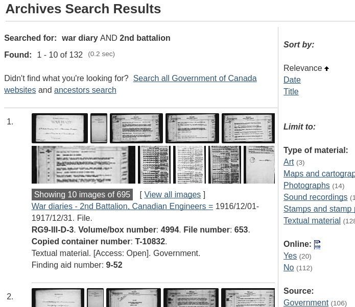 The results of a search of the Library and Archives Canada Soldiers War Diaries of the First World War database.