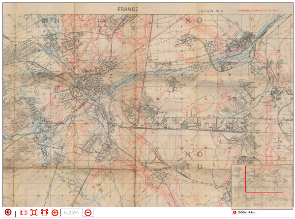 From the McMaster University First World War map collection website, this map graphic shows a section of mapsheet 36c, with the complete map square 'N' in the centre bordering on the top margin. Note the upper and lower corners of map square 
