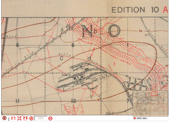 From the McMaster University First World War map collection website, this map graphic shows a close up image of the upper left of map square 'N'. Note the labelling of the adjacent map squares and the lebelling of the four quadrants (a, b, c, d) of the subordinate square numbered 