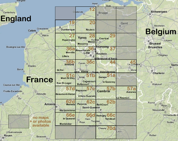 From the McMaster University First World War map collection website, this map graphic shows the relative position of the mapsheets covering the Western Front in northern France and Belgium.