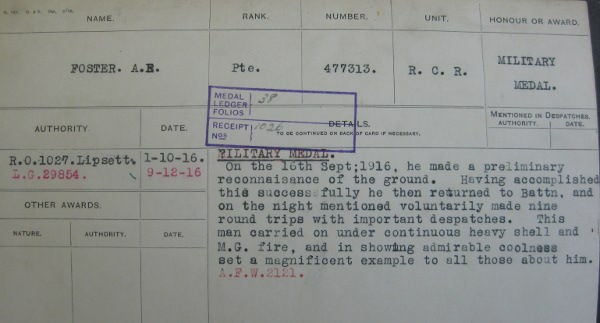 The 1916 Military medal citation for 477313 Cpl Albert Edward Foster, The Royal Canadian Regiment.