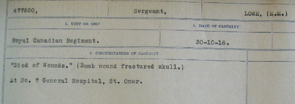 Excerpt of Particulars of Death form for 477550 Sergeant Walter Lowe, MM.