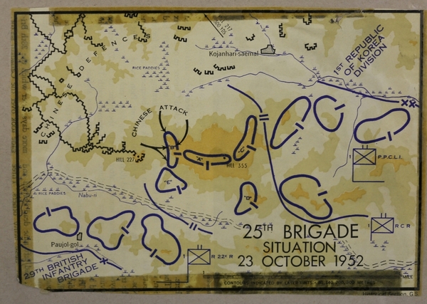 This map shows the general positions of the companies of each battalion in 25 Canadian Infantry Brigade on 23 Oct 1952.