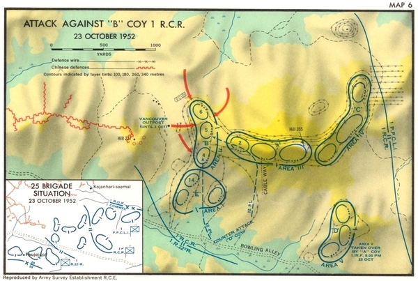 This map, from the the official history, Strange Battleground; The Operations in Korea and Their Effects on the Defence Policy of Canada (Ottawa, 1966), shows the general layout of 1RCR position on the night of 23 Oct 1952.