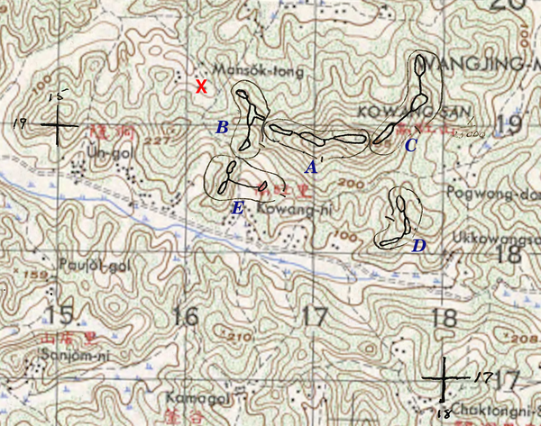 Kowang San (Hill 355) area topographical map, overlayed with the 1RCR battle positions trace from the battalion's War Diary for October, 1952.