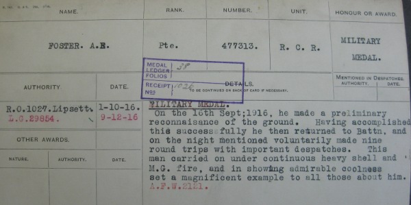 Citation card for 477313 Pte Albert Foster's Military Medal. (Library and Archives Canada document.)