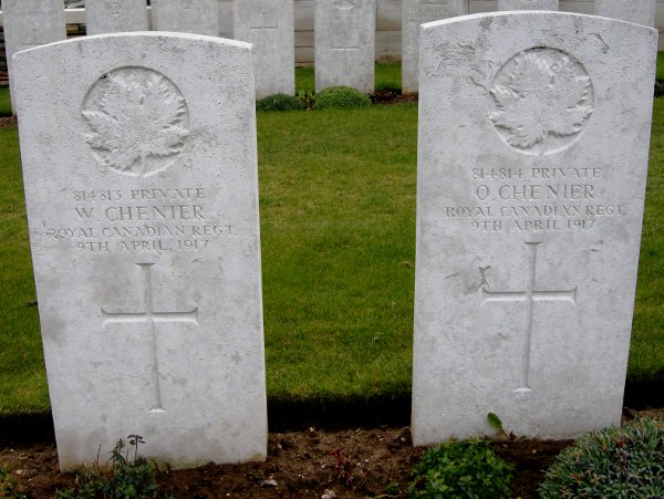 CWGC headstone for Pte Wilfred and Olivier Chenier