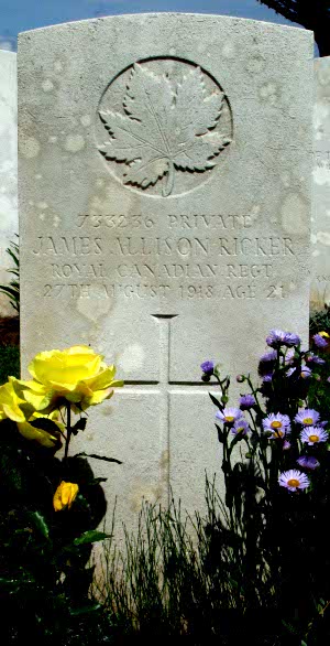 CWGC headstone for Pte James Ricker