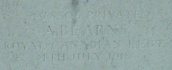 CWGC headstone for Pte Alexander Bearns