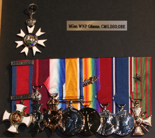 Medals awarded to Maj.-Gen. William Waring Primrose Gibsone, C.M.G., D.S.O., O.B.E., as displyed in The Royal Canadian Regiment Museum.