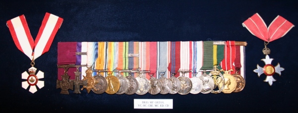Medals awarded to Milton Fowler Gregg, VC, PC, OC, CBE, MC, ED, CD, as displyed in The Royal Canadian Regiment Museum.