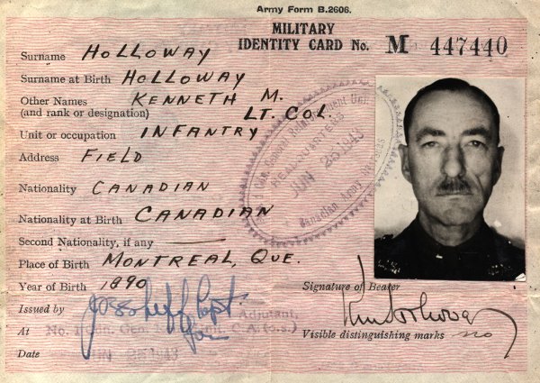 The 1943 ID card issued to Lt.-Col. K.M. Holloway. Document provided by Hugh Conway (RCR, ret'd).