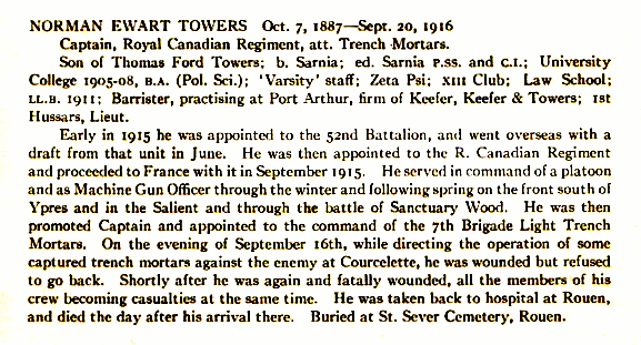 Captain Norman Ewart Towers entry in the University of Toronto Honour Roll.