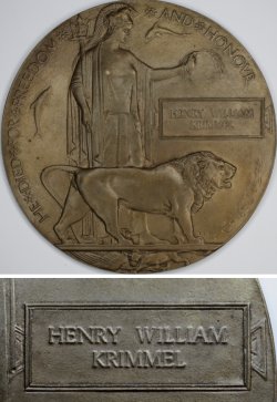 First World War Memorial Plaque sent to the family of Pte Henry William Krimmel.