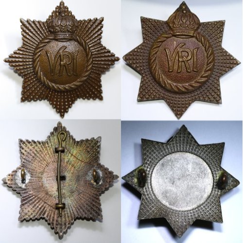 Left: Finely cast, two-piece, bronze Officer Service Dress cap badge, early 1900s. Right: Two-piece, brown coloured Officers' Service Dress cap badge, early 1900s.