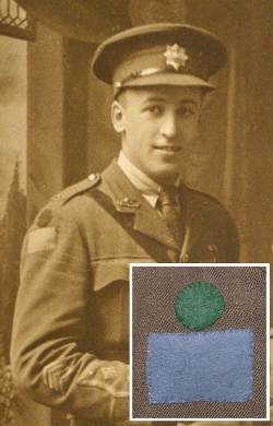 Lieut. Rupert Murray Millet, M.C., showing the wearing of regimental badges on officers' service dress during the First World War. (RCR Museum) The inset image shows a colour photo of the flashes on a soldiers tunic. 